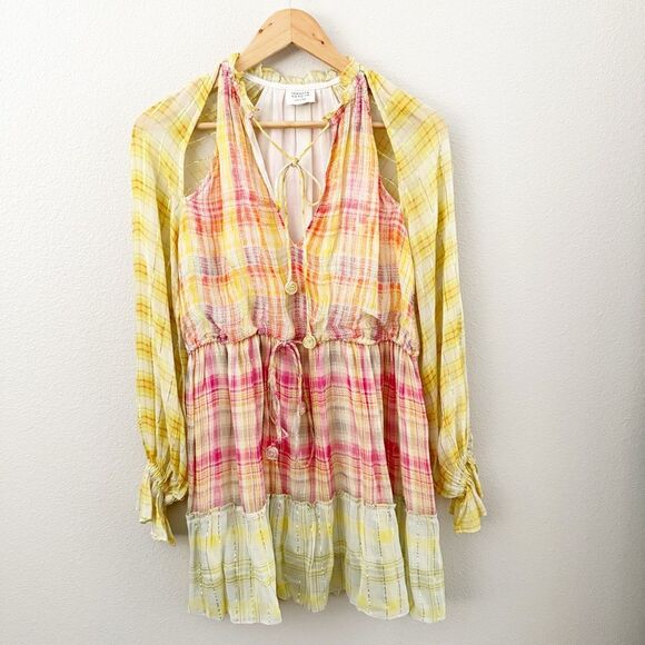 HEMANT AND NANDITA | Thick & Thin Striped Plaid Dress Yellow Pink Orange | Small - Picture 2 of 8